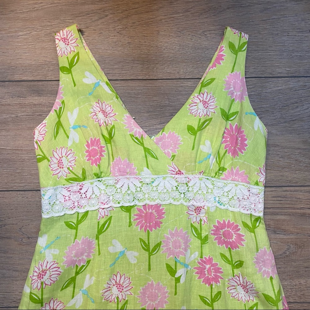 LILLY PULITZER vintage white tag green and pink floral v-neck linen dress 6 - Picture 2 of 10